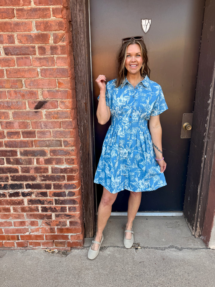 Indigo Garden Pintuck Mini Dress