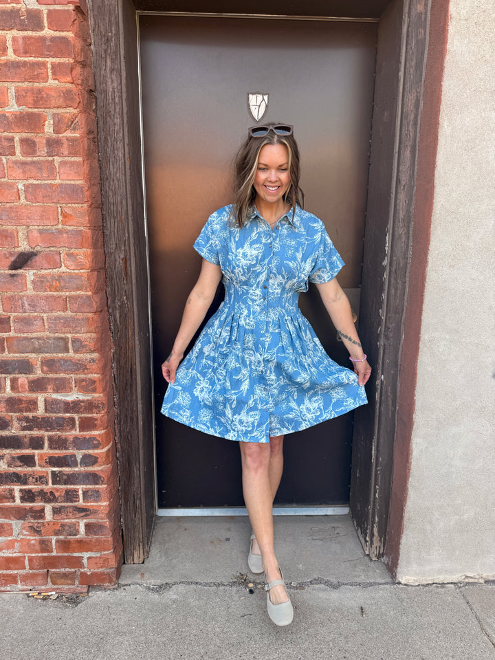 Indigo Garden Pintuck Mini Dress