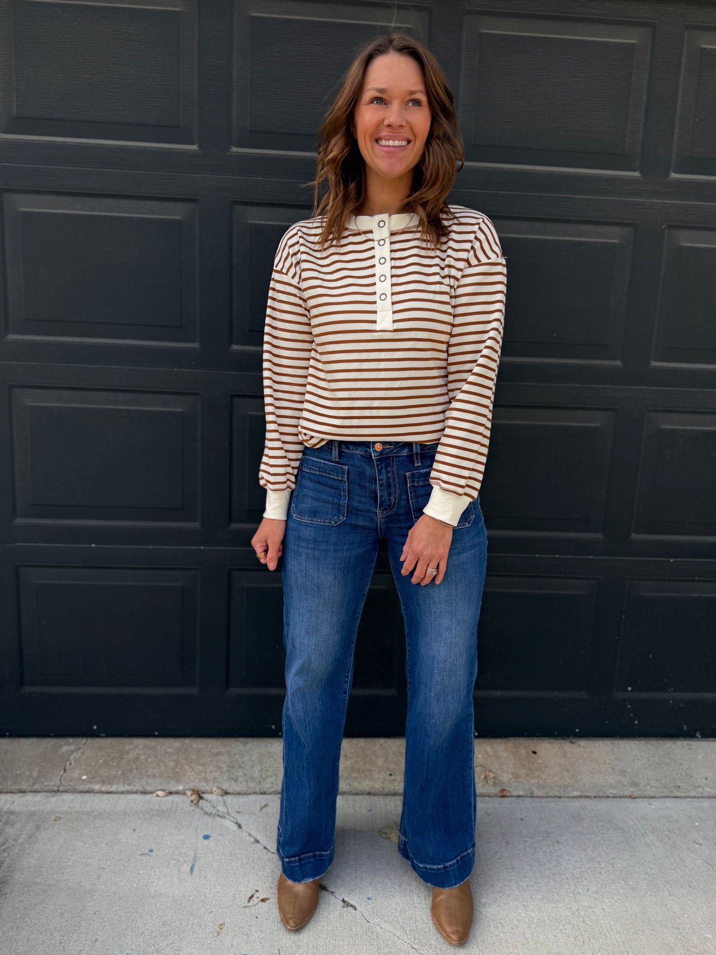 Striped Henley Knit Top - Brown