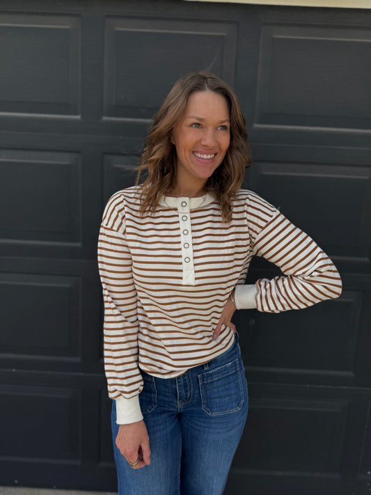 Striped Henley Knit Top - Brown