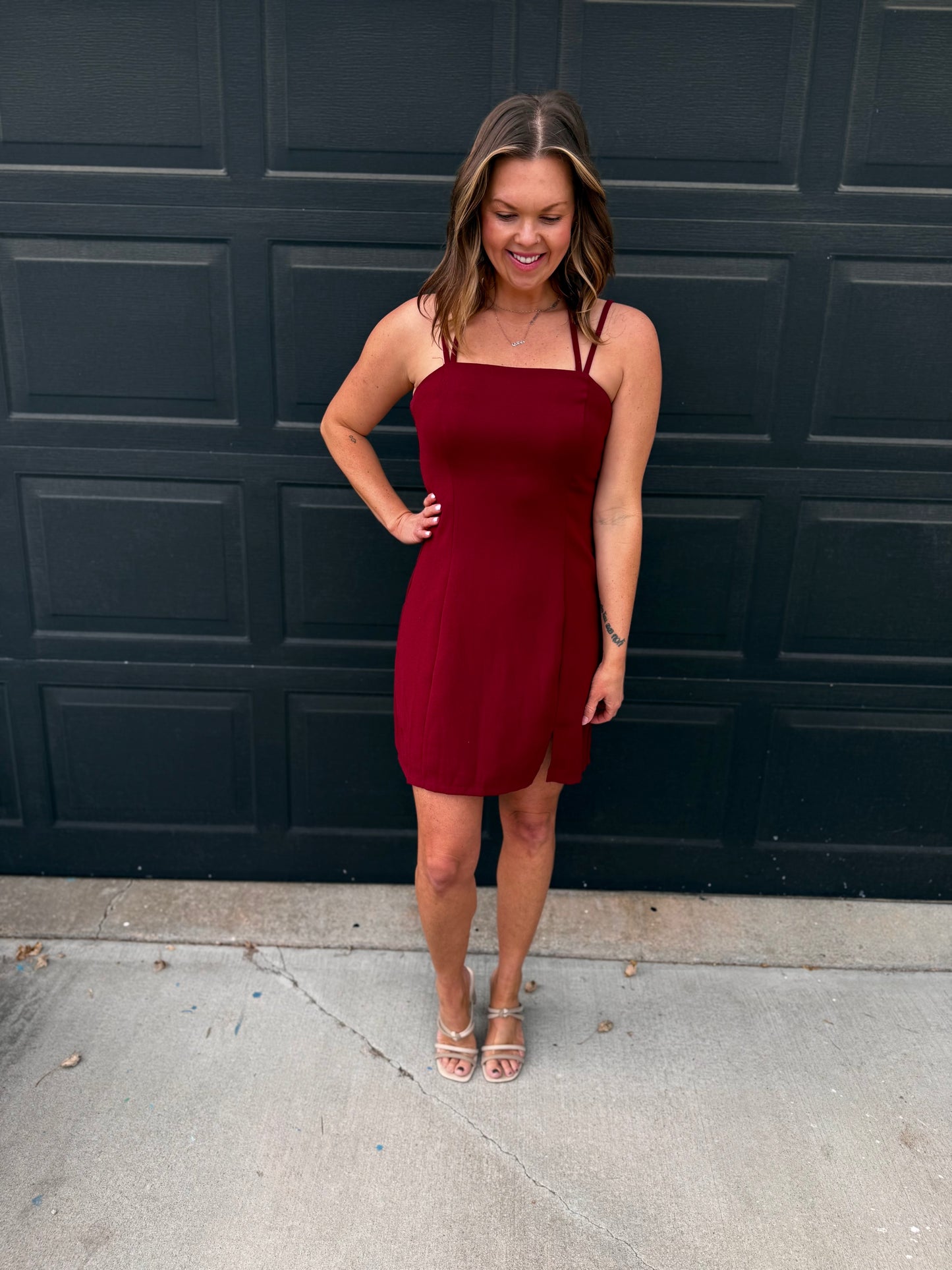 Wine Double Strap Mini Dress