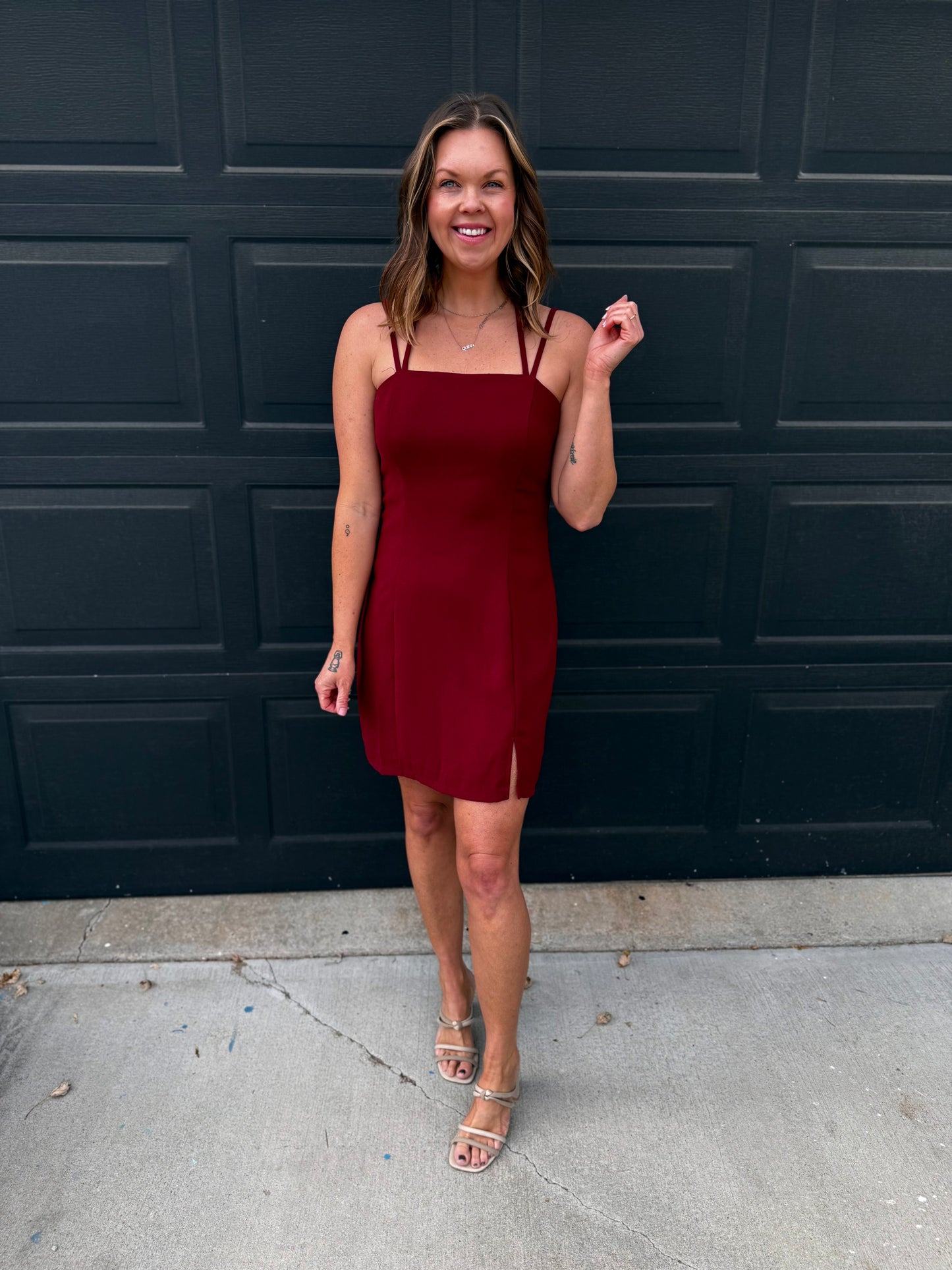 Wine Double Strap Mini Dress