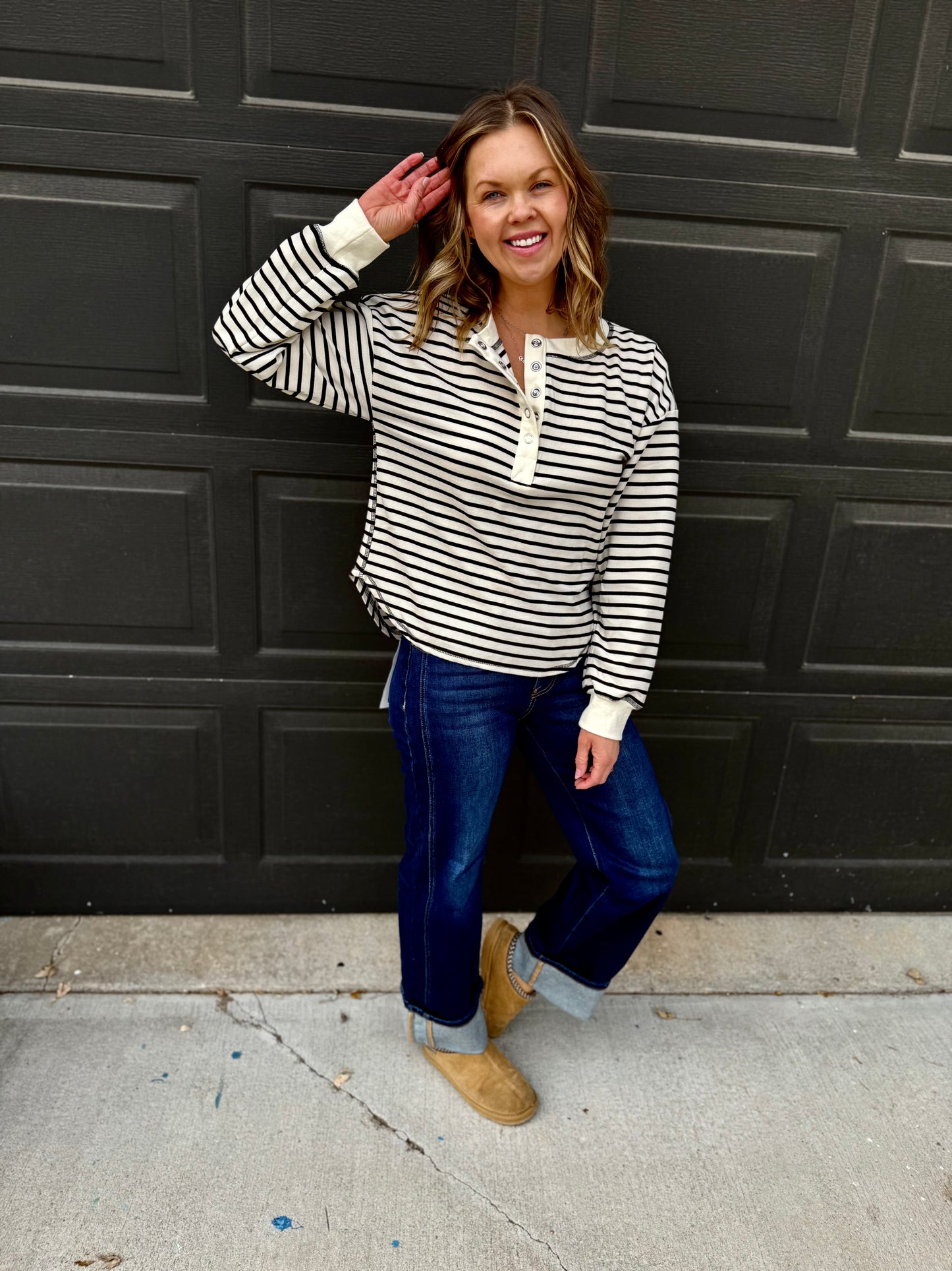 Striped Henley Knit Top - Black