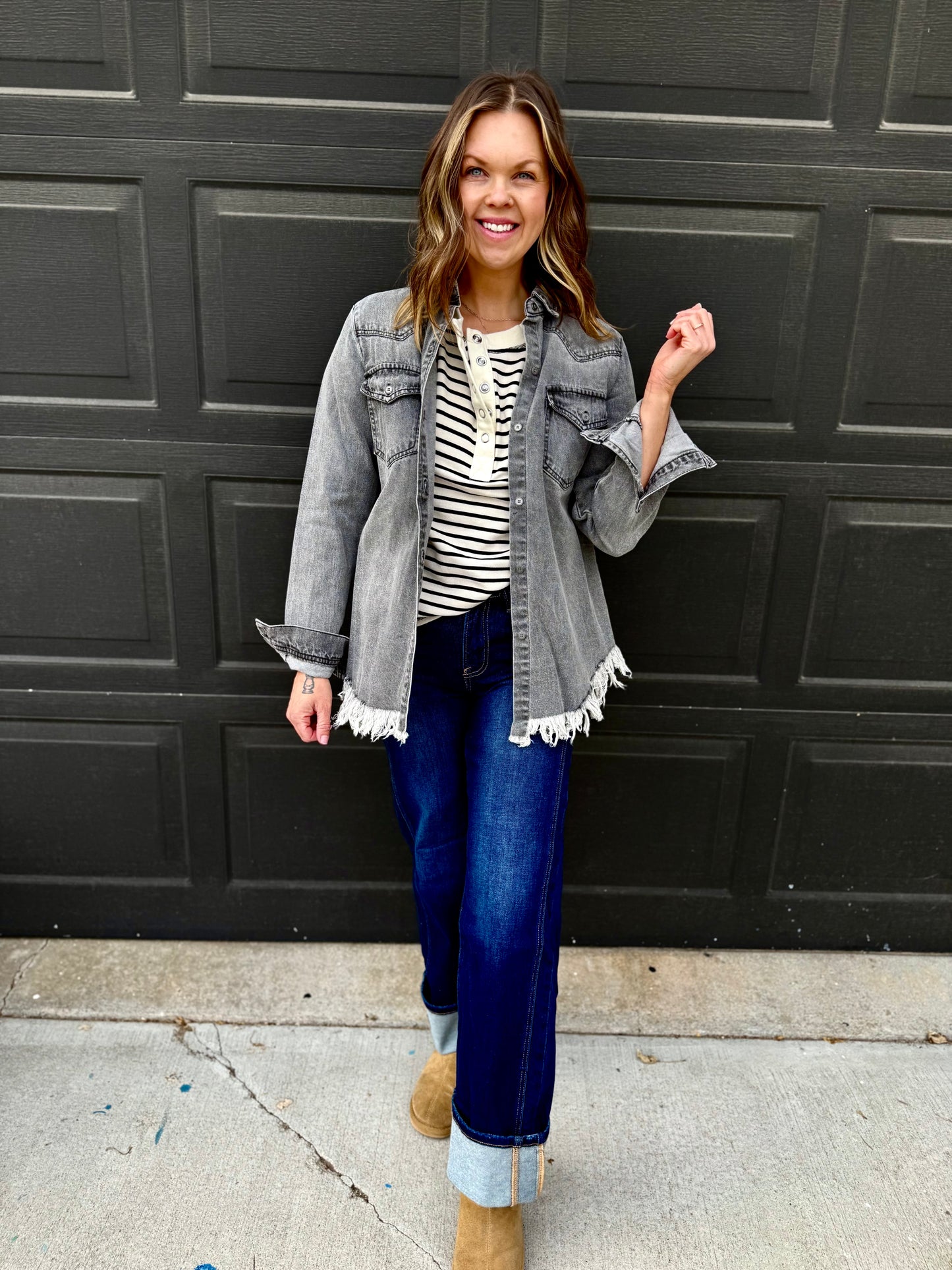 Charcoal Frayed Hem Denim Shirt