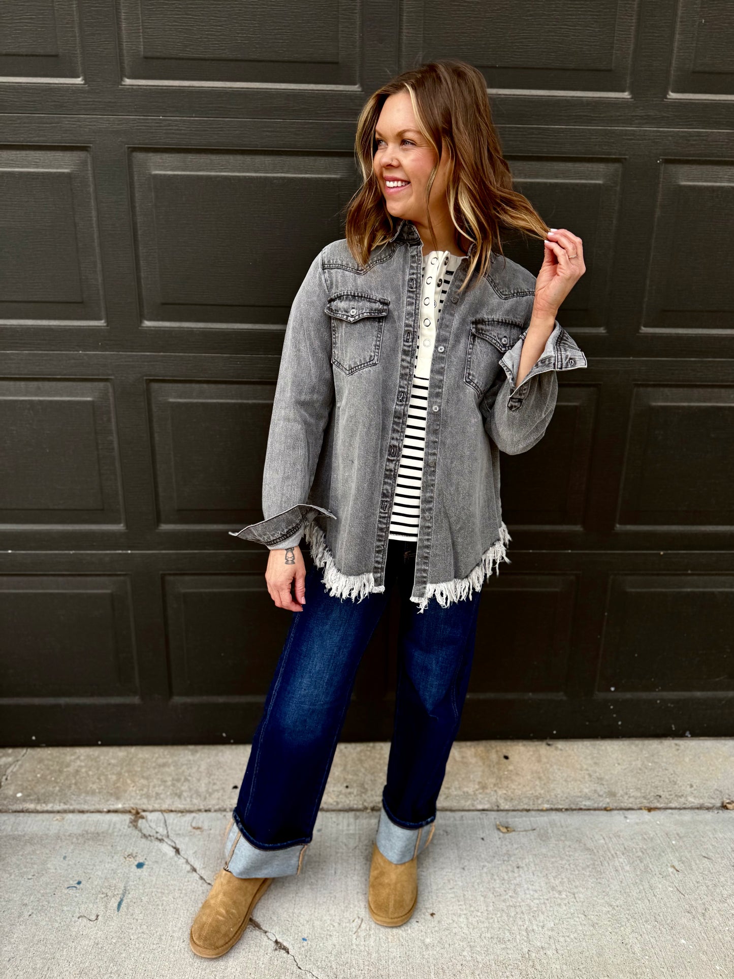 Charcoal Frayed Hem Denim Shirt