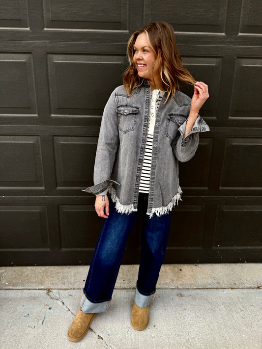 Charcoal Frayed Hem Denim Shirt