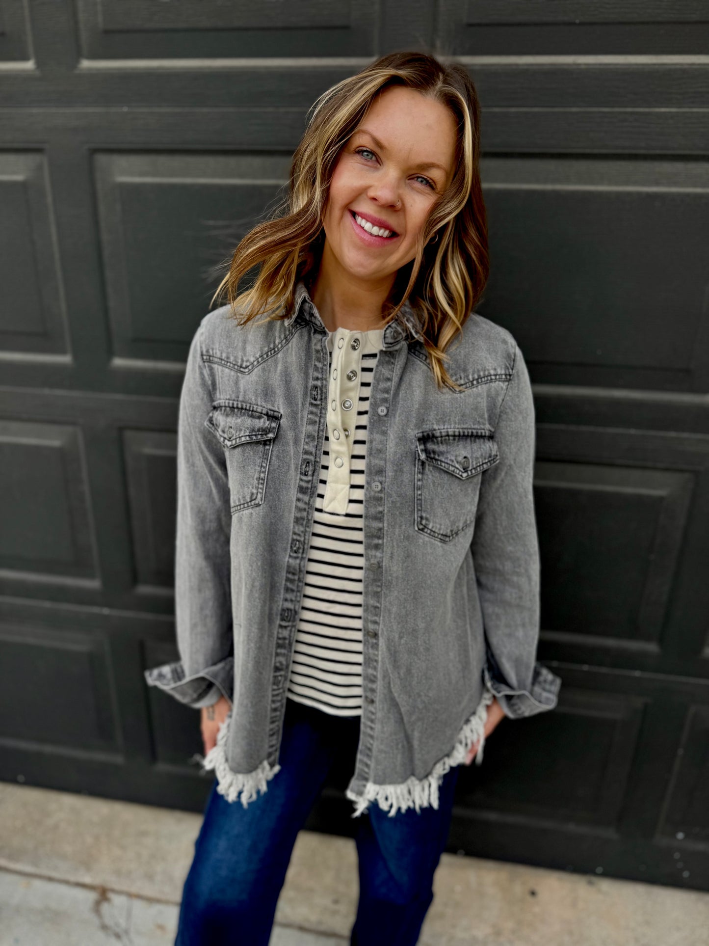 Charcoal Frayed Hem Denim Shirt