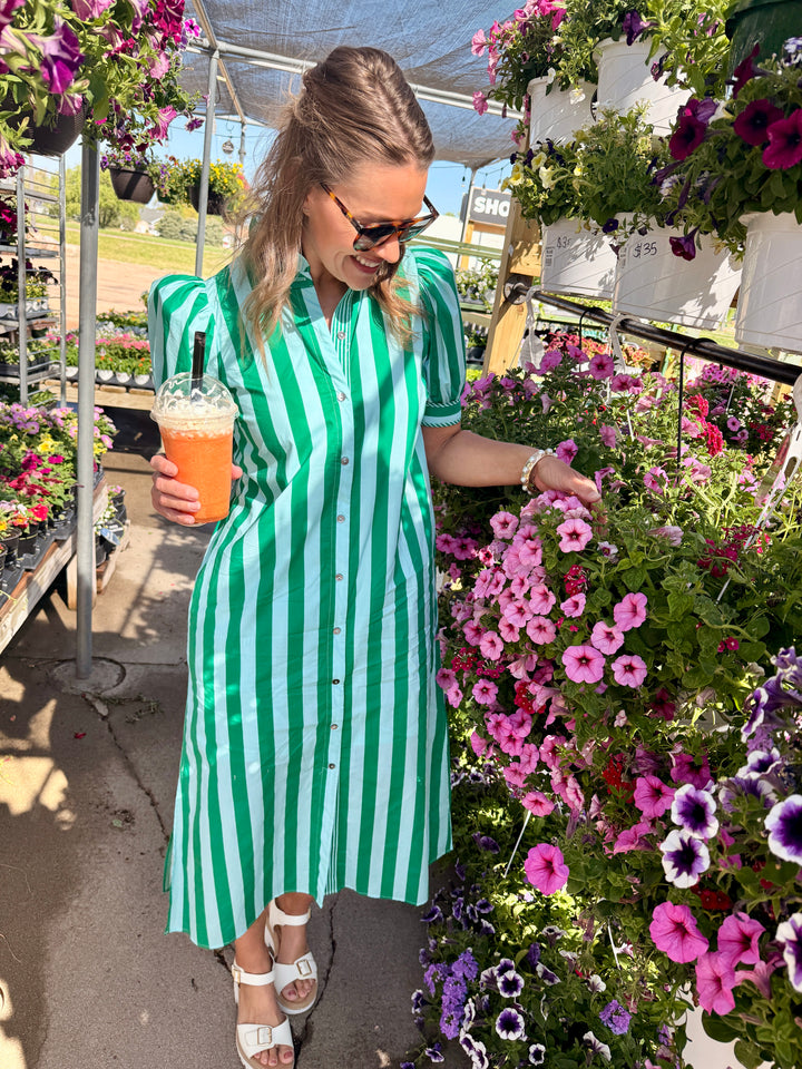 Stripe Print Puff Sleeve Midi Dress