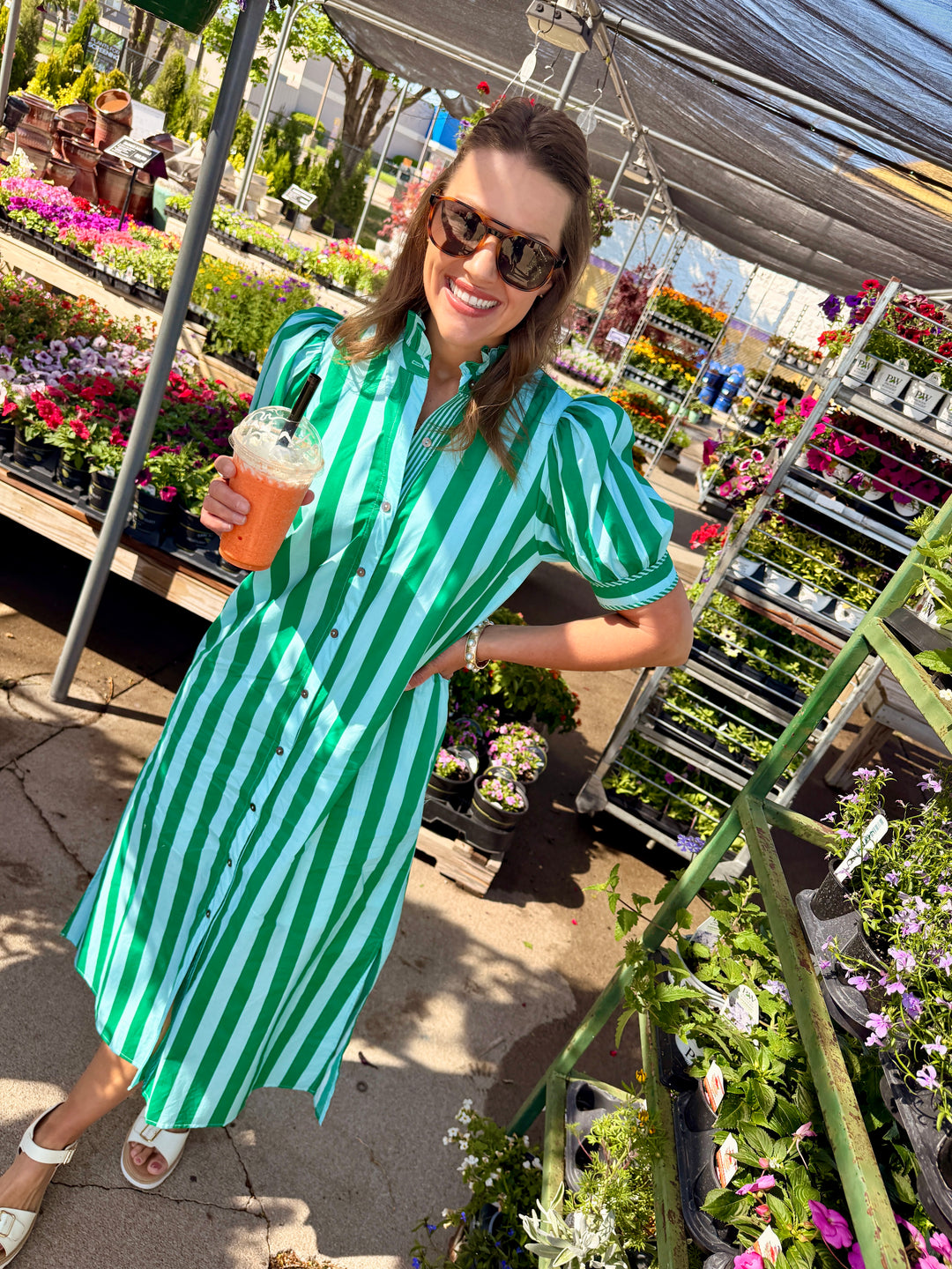 Stripe Print Puff Sleeve Midi Dress