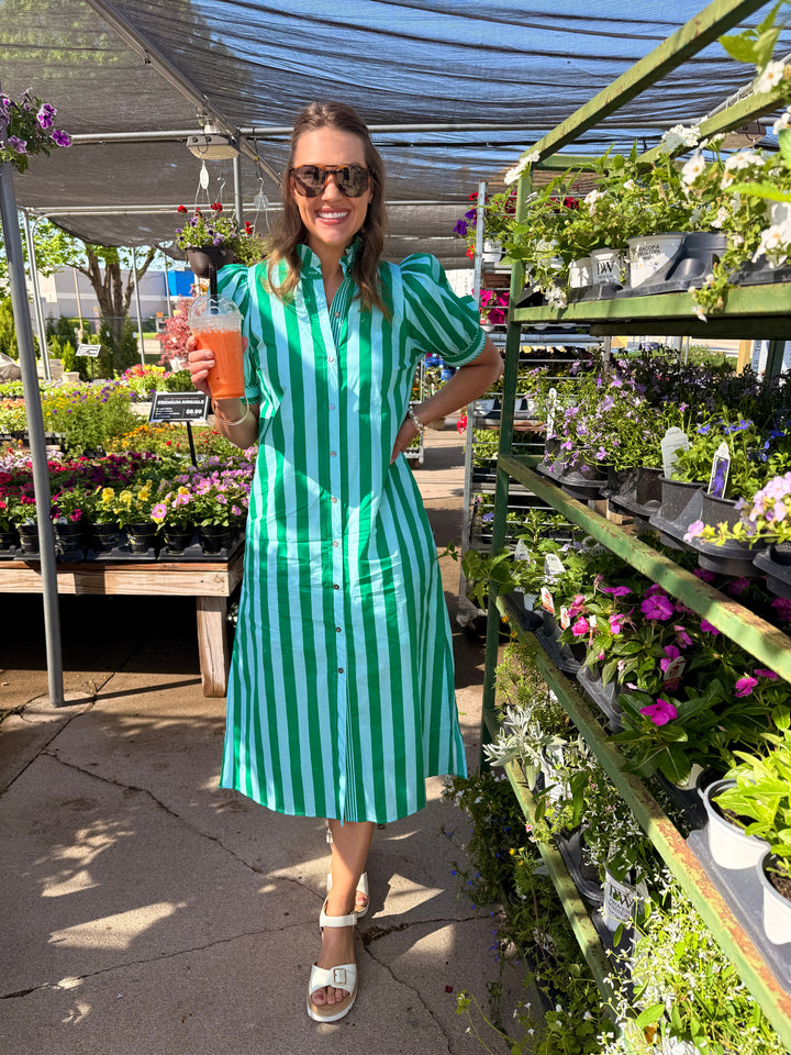 Stripe Print Puff Sleeve Midi Dress