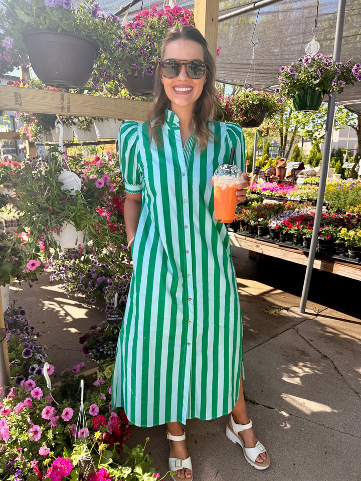 Stripe Print Puff Sleeve Midi Dress