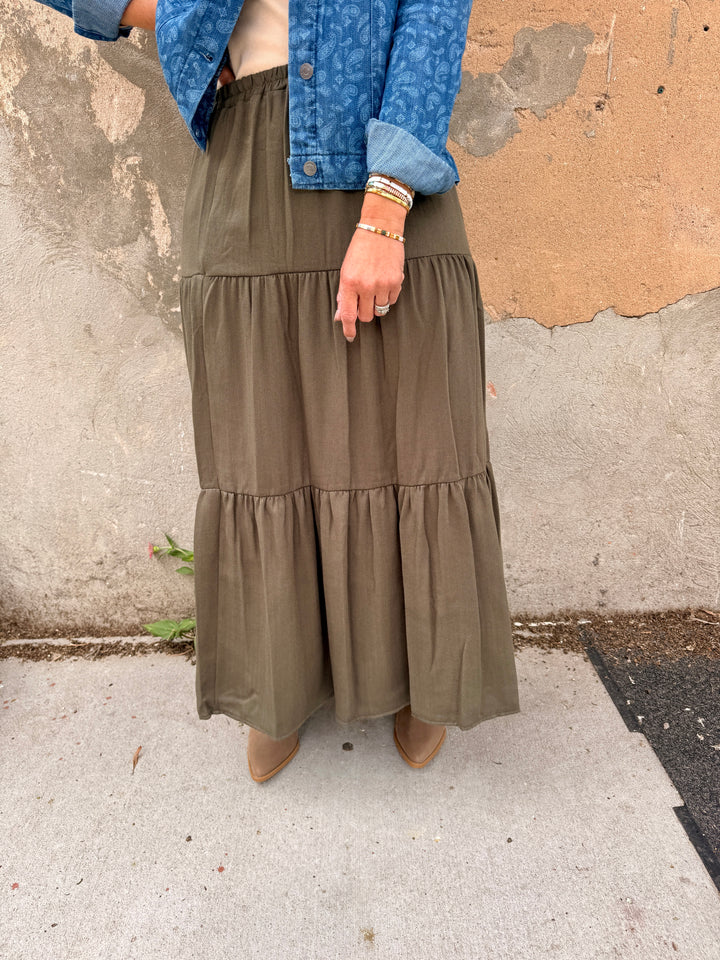 Olive Tiered Maxi Skirt