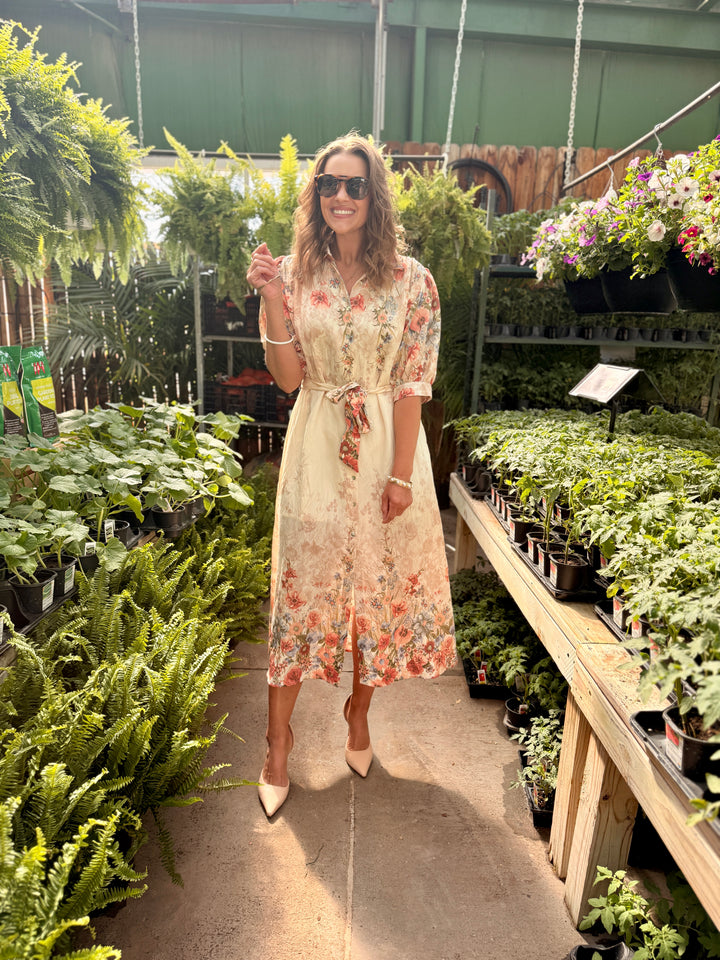 Botanical Print Puff Sleeve Midi Dress - Rosey