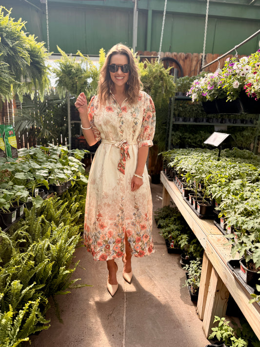 Botanical Print Puff Sleeve Midi Dress - Rosey