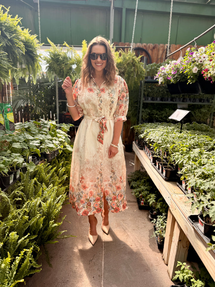 Botanical Print Puff Sleeve Midi Dress - Rosey