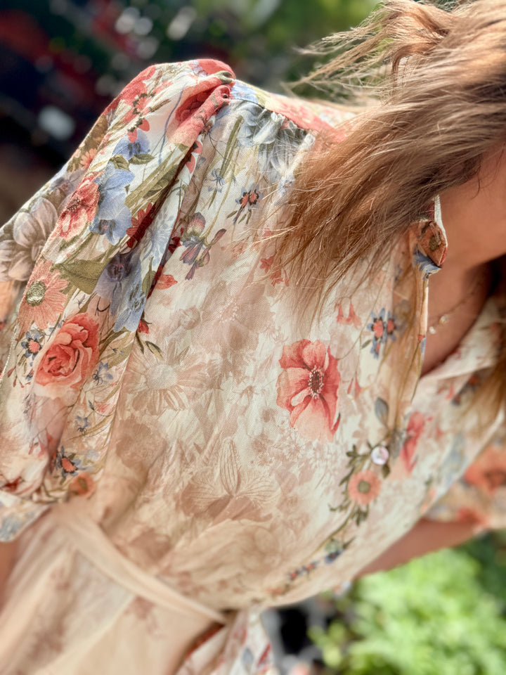 Botanical Print Puff Sleeve Midi Dress - Rosey