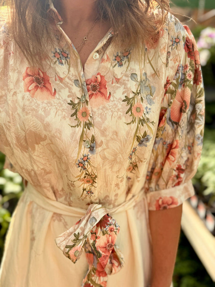 Botanical Print Puff Sleeve Midi Dress - Rosey