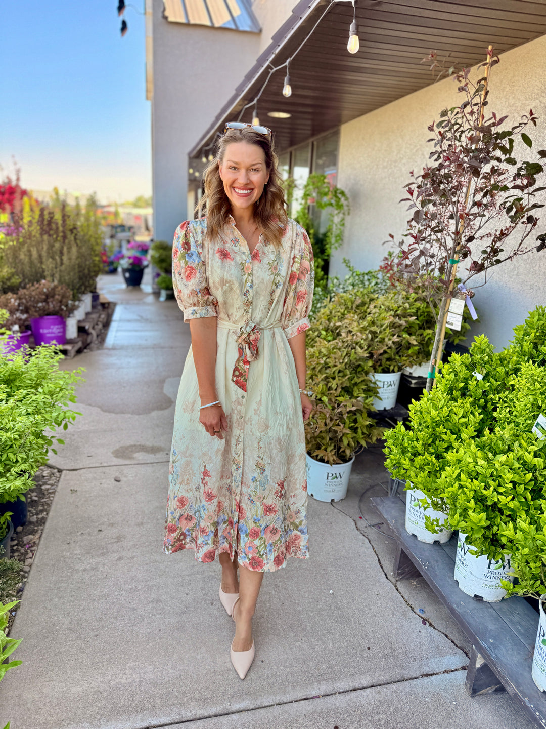 Botanical Print Puff Sleeve Midi Dress - Rosey