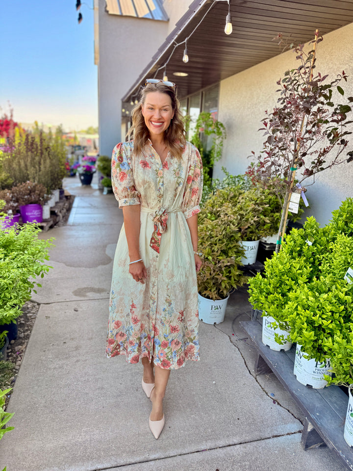 Botanical Print Puff Sleeve Midi Dress - Rosey