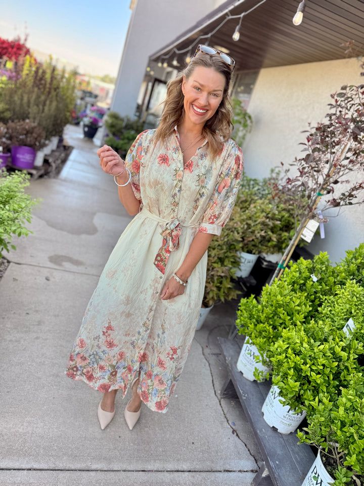 Botanical Print Puff Sleeve Midi Dress - Rosey