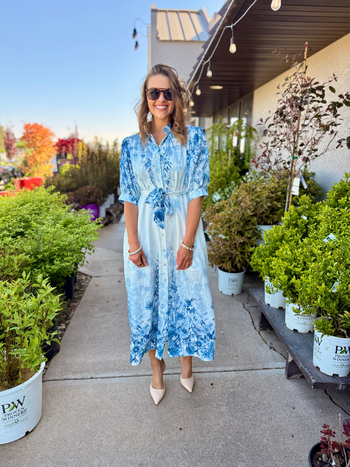 Botanical Print Puff Sleeve Midi Dress - Blue