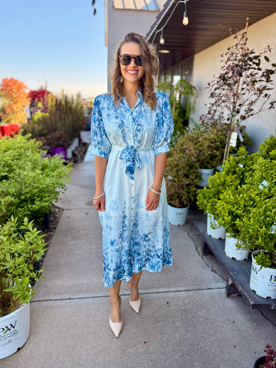 Botanical Print Puff Sleeve Midi Dress - Blue