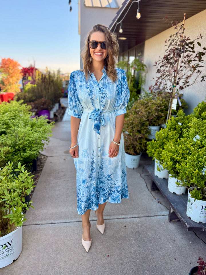 Botanical Print Puff Sleeve Midi Dress - Blue