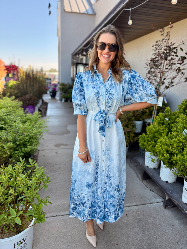 Botanical Print Puff Sleeve Midi Dress - Blue