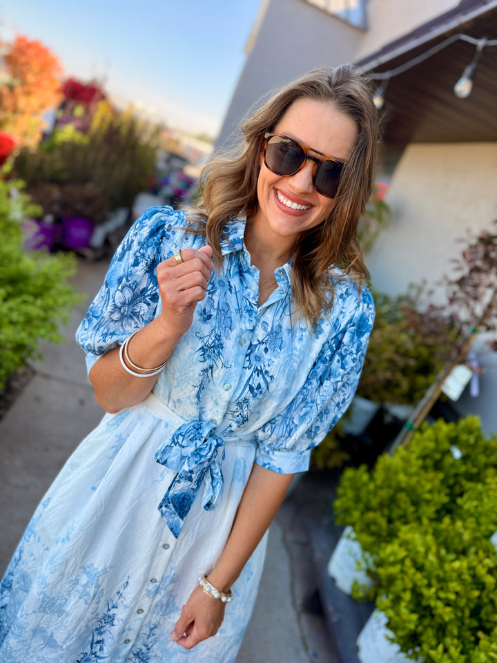 Botanical Print Puff Sleeve Midi Dress - Blue