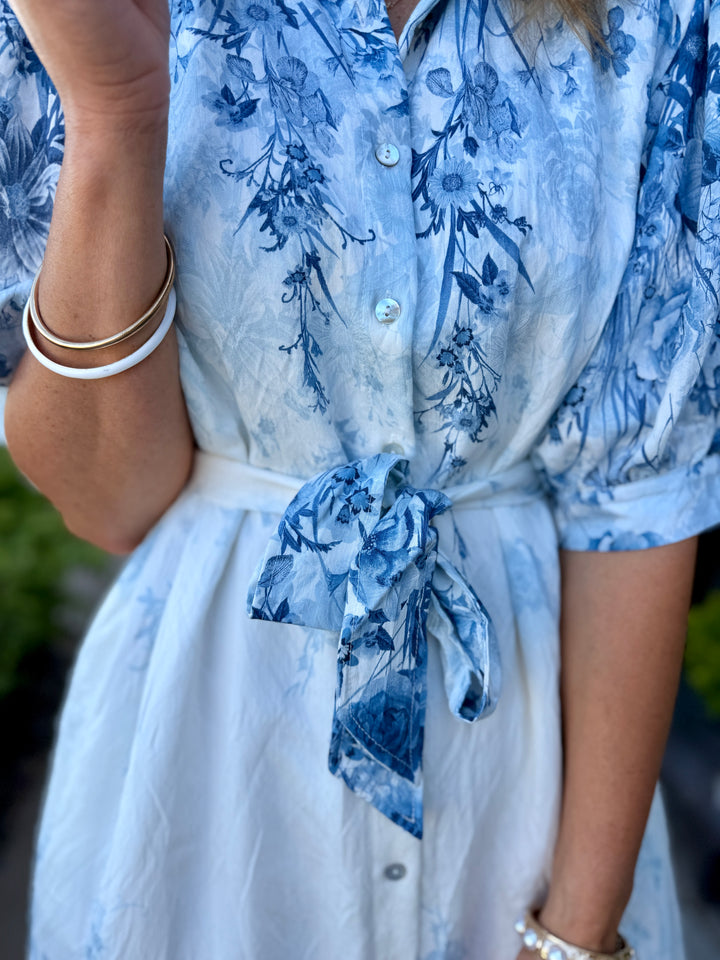 Botanical Print Puff Sleeve Midi Dress - Blue