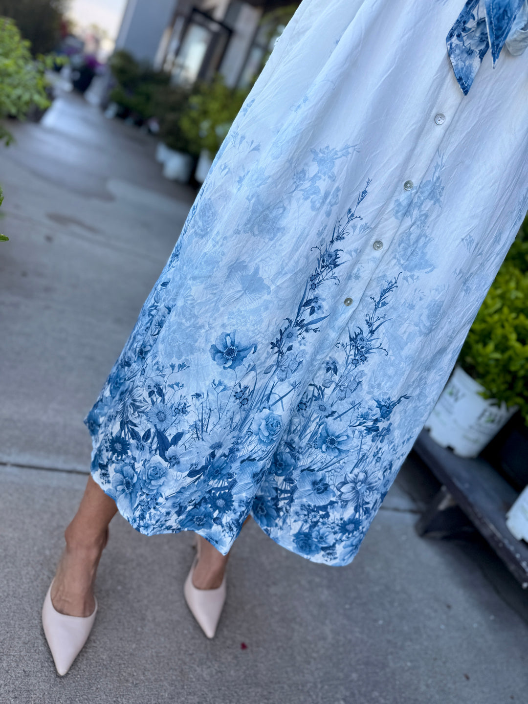 Botanical Print Puff Sleeve Midi Dress - Blue