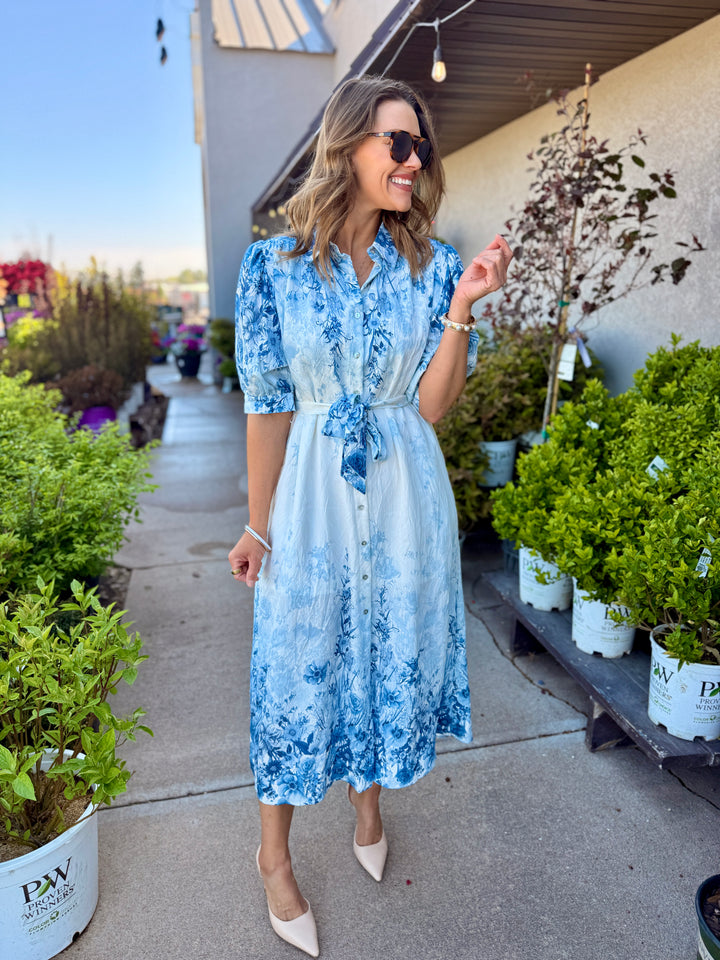 Botanical Print Puff Sleeve Midi Dress - Blue