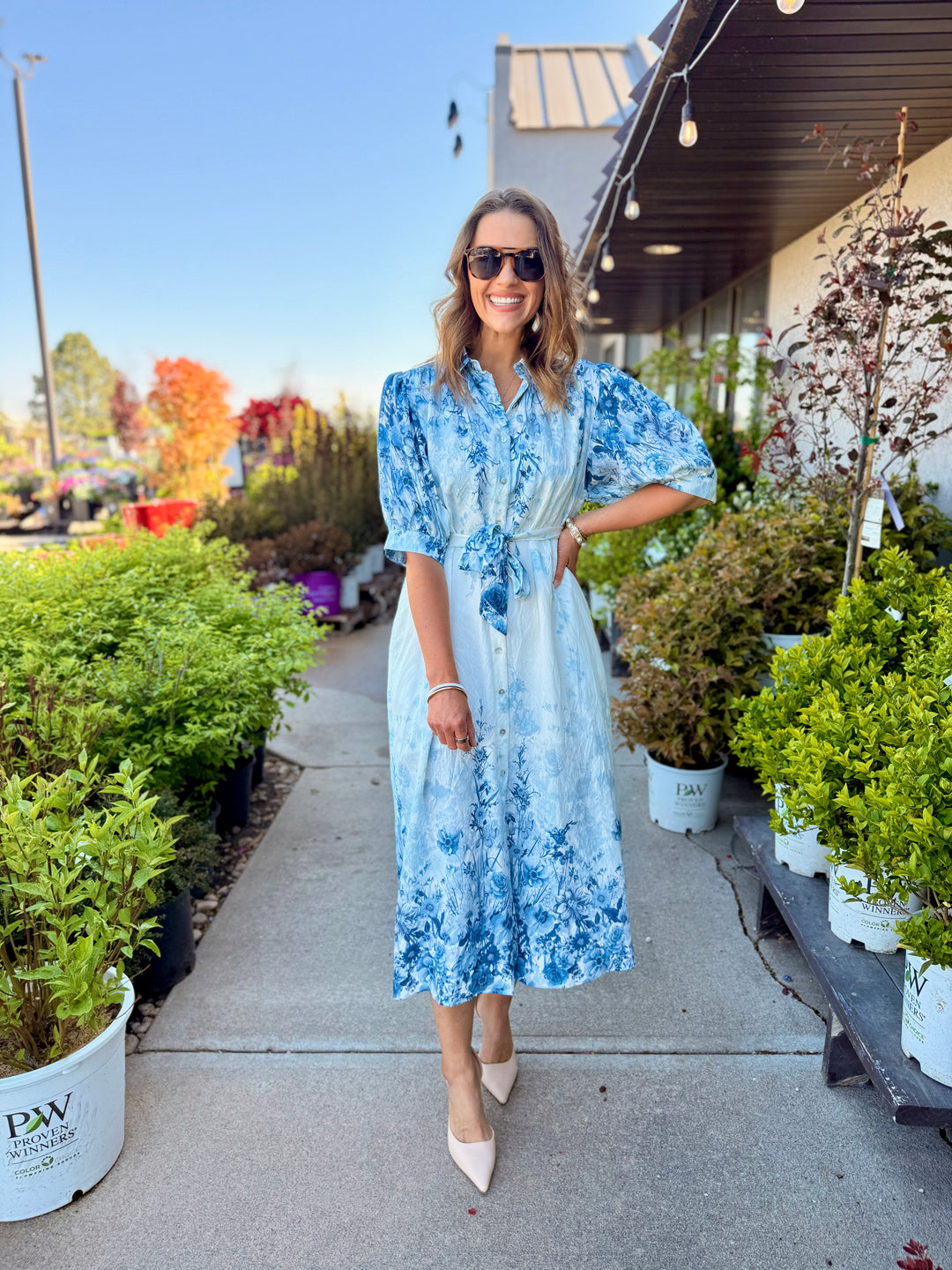 Botanical Print Puff Sleeve Midi Dress - Blue