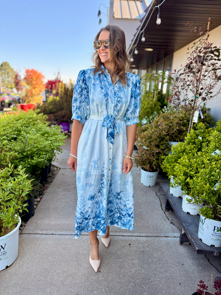 Botanical Print Puff Sleeve Midi Dress - Blue