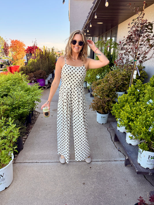 Polka Dot Smocking Tank Top Wide Leg Jumpsuit
