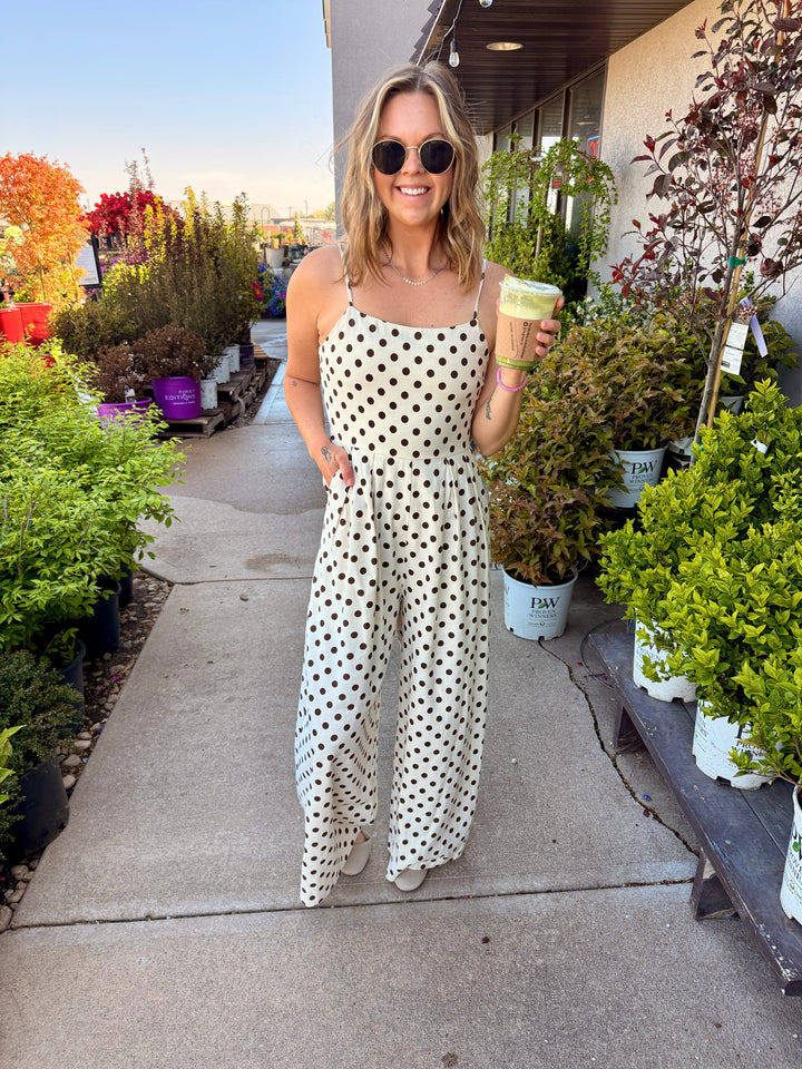 Polka Dot Smocking Tank Top Wide Leg Jumpsuit