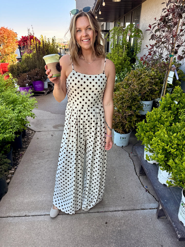 Polka Dot Smocking Tank Top Wide Leg Jumpsuit