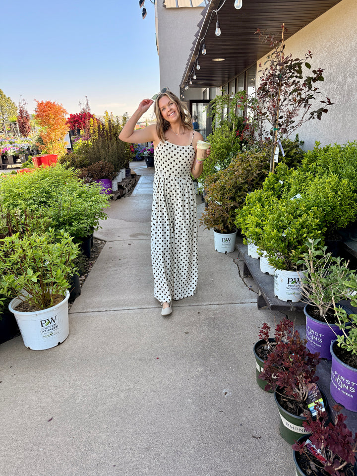 Polka Dot Smocking Tank Top Wide Leg Jumpsuit