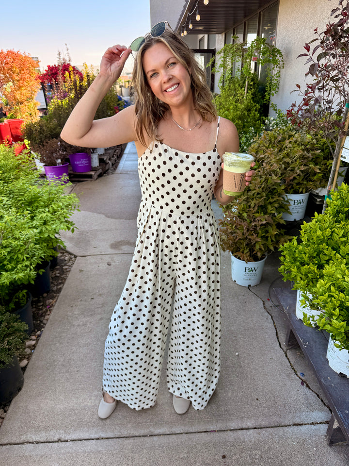 Polka Dot Smocking Tank Top Wide Leg Jumpsuit