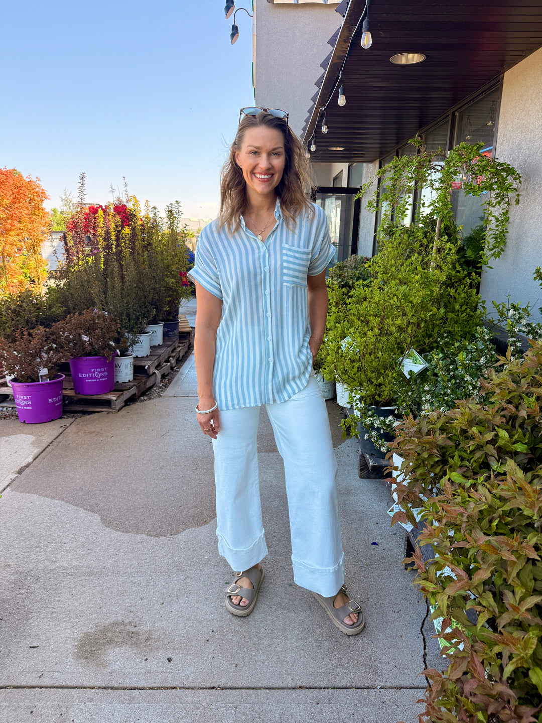 Striped Short Sleeve Button-Down Shirt with Rolled Cuffs