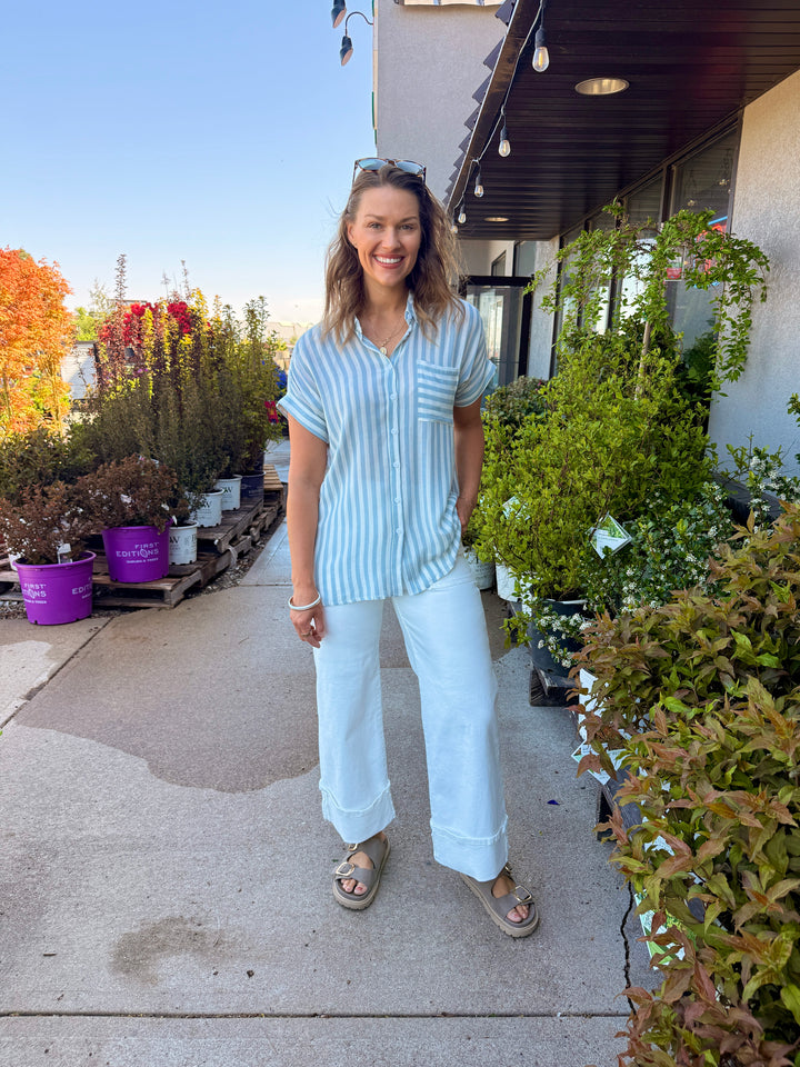 Striped Short Sleeve Button-Down Shirt with Rolled Cuffs