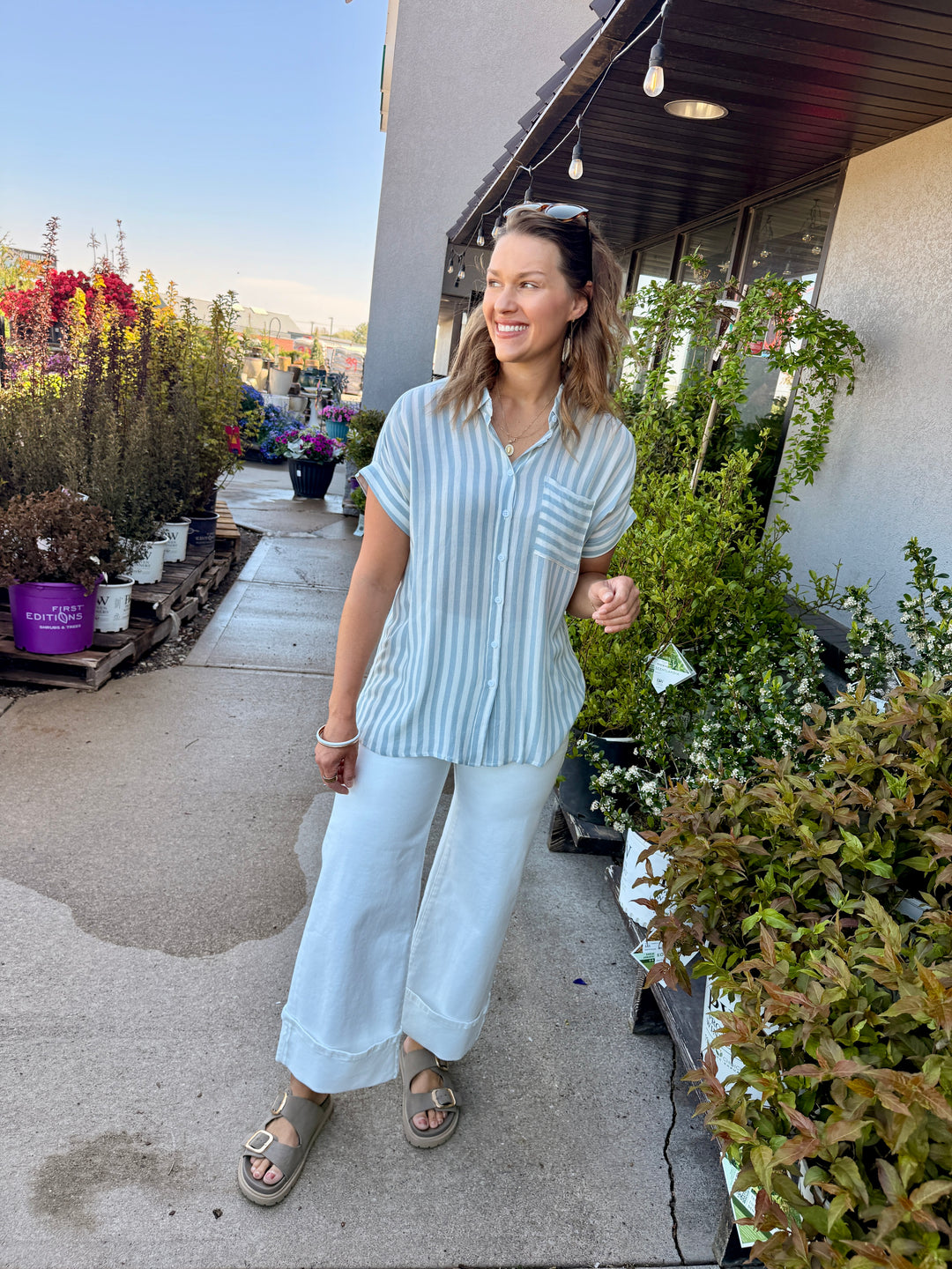 Striped Short Sleeve Button-Down Shirt with Rolled Cuffs