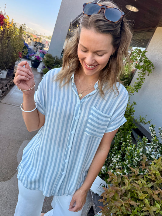 Striped Short Sleeve Button-Down Shirt with Rolled Cuffs