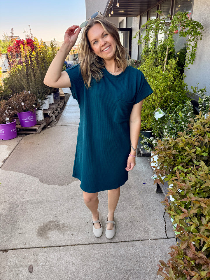 Maya Textured Pocket Mini Dress - Hunter Green