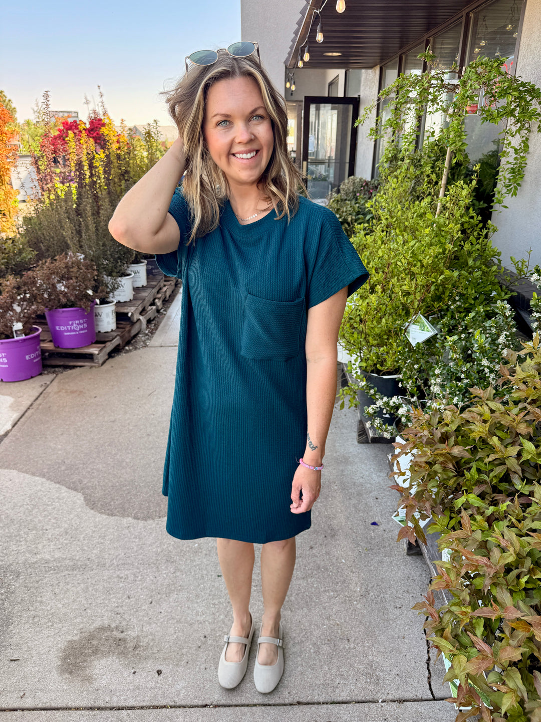 Maya Textured Pocket Mini Dress - Hunter Green