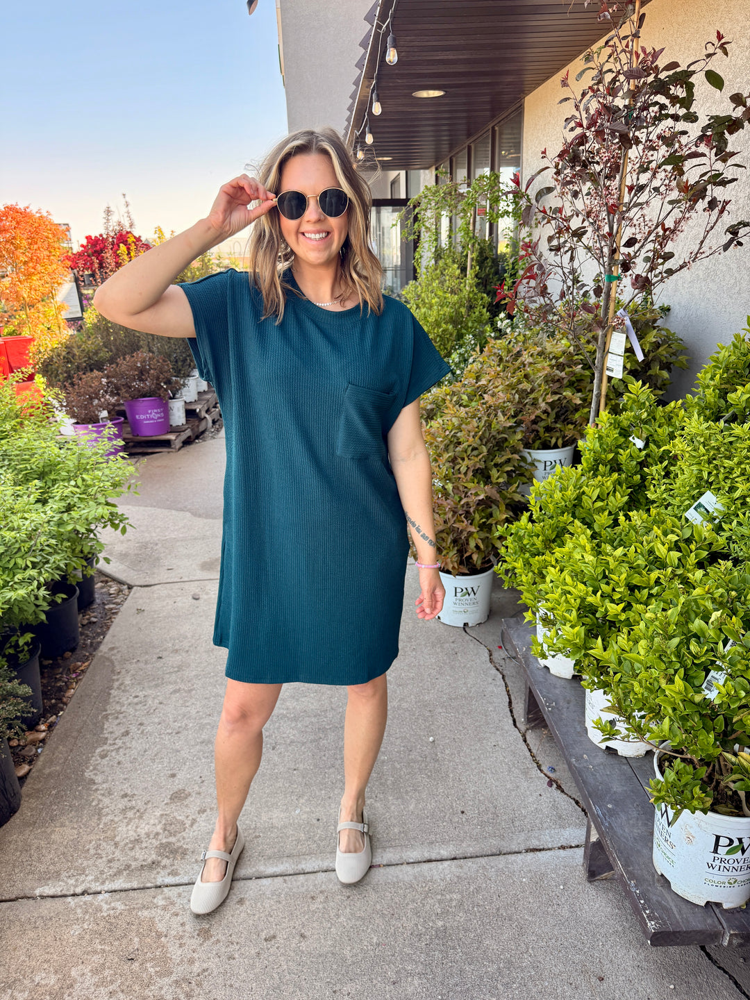 Maya Textured Pocket Mini Dress - Hunter Green