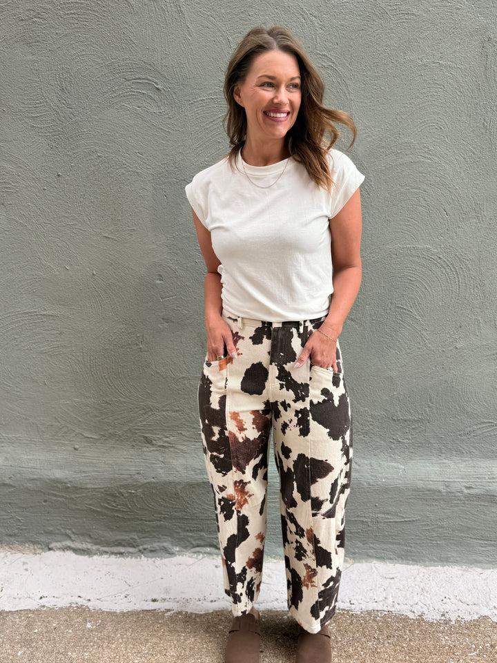 Bold &amp; Western Cow Print Barrel Leg Pants