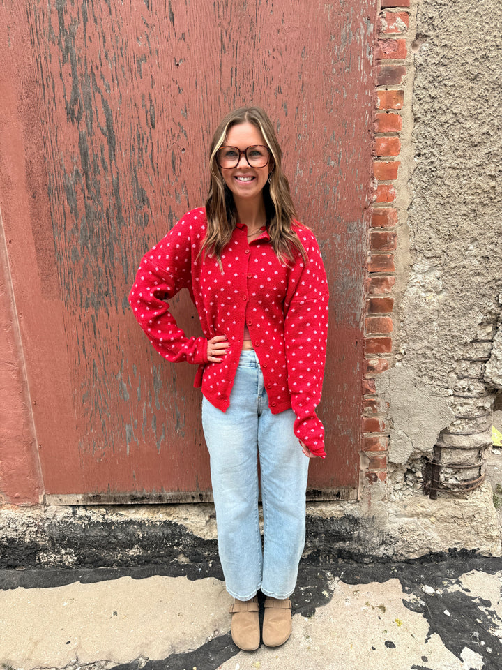 Cozy Dotted Knit Button-Front Cardigan - Red
