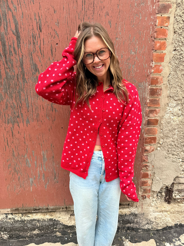 Cozy Dotted Knit Button-Front Cardigan - Red