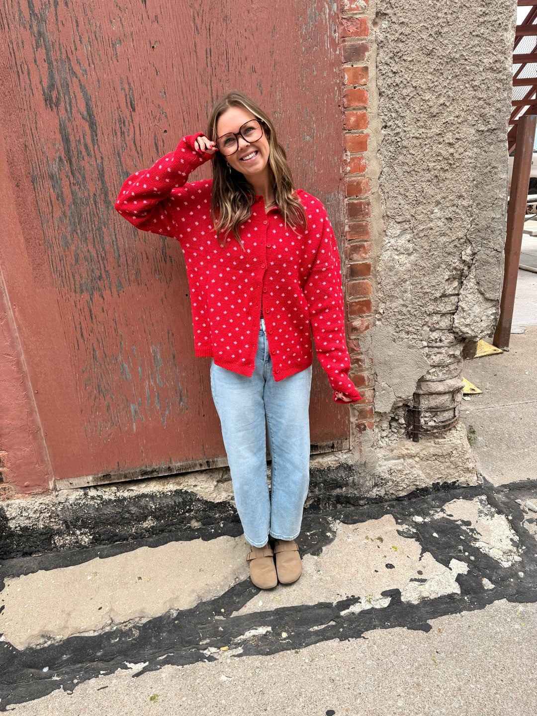 Cozy Dotted Knit Button-Front Cardigan - Red